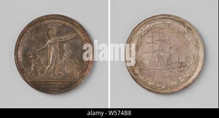 Academy of Drawing, Construction and Marine Sciences in Groningen, Silver Medal. Front: helmeted Minerva holds shield above bust, against which palette with brushes rest, standing on plinth with inscription and coat of arms, and above globe, on which viewer is mounted and against which plumb line rests, with her other hand she extends a number of medals to a winged boy with a flame on his head, who pours the bowl out over a burning tripod, behind boy board against truncated column within circumference, cut off: inscription. Reverse: three-master within oak wreath, Groningen, Minerva Stock Photo