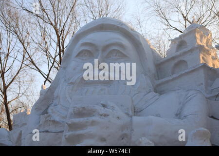 A melting ice sculpture is on display at the South Lake Park in Changchun city, northeast China's Jilin province, 12 February 2019. Stock Photo