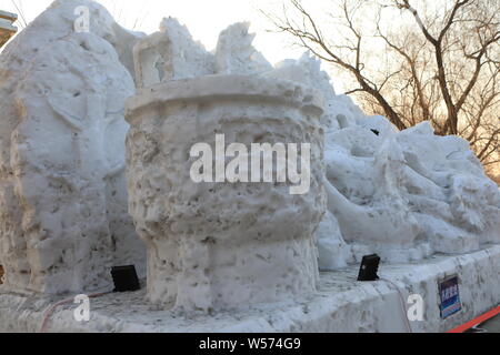 A melting ice sculpture is on display at the South Lake Park in Changchun city, northeast China's Jilin province, 12 February 2019. Stock Photo