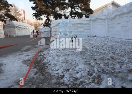 A melting ice sculpture is on display at the South Lake Park in Changchun city, northeast China's Jilin province, 12 February 2019. Stock Photo