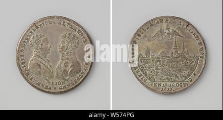 Victory at Leipzig, in honor of French I, Emperor of Austria and Frederick William III, King of Prussia, Penning. Obverse: facing chest pieces of two men within a band. Reverse: face to face, in the background the city of Leipzig, above which crowned eagle with scepter and orb with floating claws floats within an inscription, cut off: date, Leipzig, Frederick William III King of Prussia, French II (Roman-German emperor), Johann Thomas Stettner, Neurenberg, 1813, alloy, striking (metalworking), d 3.3 cm × w 163