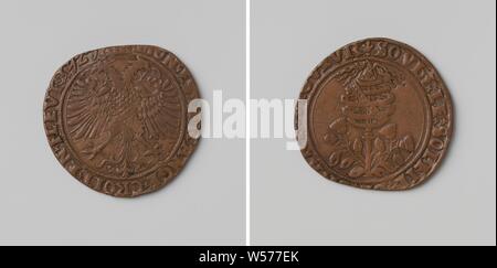 Birth of Philip, son of Charles V, counted token ordered by Margaret of Austria, governor of the Netherlands, Copper Medal. Front: double-headed eagle with crown inside the inscription. Reverse: globe above bouquet of daisies, protected by celestial light within a circle, Valladolid, Charles V of Habsburg (German emperor and king of Spain), Philip II (king of Spain), governor of the Netherlands Margaret of Austria, anonymous, Netherlands, 1527, copper (metal), striking (metalworking), d 2.7 cm × w 4.39 Stock Photo