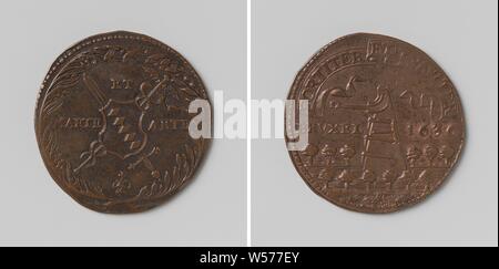 Frederik de Marselaer, twenty-seventh intendant of the canal of Brussels, Copper Medal. Obverse: coat of arms on crossed sword and staff of Mercury between inscription inside, wreath bound laurel and palm branch. Reverse: arm with clenched fist, protruding from windlass, standing on side of canal between inscription with pennant and lettering, Vaart van Brussel, Balthasar Laureys, Brussels, 1636, copper (metal), striking (metalworking), d 2.9 cm × w 59 Stock Photo