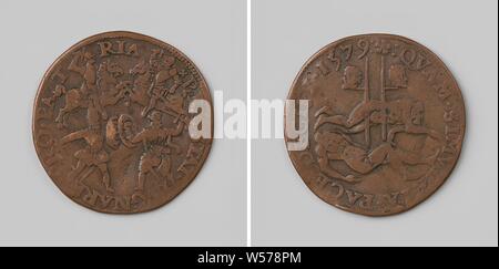 Warning against the peace negotiations in Cologne, Copper Medal. Front: two horsemen and two soldiers on foot with each other fighting within a cover. Reverse: two corpses, the heads of which are placed on stakes within an inscription, Cologne, Lamoral Count of Egmond, Philips of Montmorency (Count of Horne), Gerard van Bylaer, Dordrecht, 1579, copper (metal), striking (metalworking), d 3 cm × w 5.92 Stock Photo