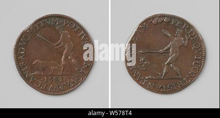 Allegory of the renunciation by the States General of Philip II, king of Spain as lord of the Netherlands, Copper Medal. Obverse: man with morning star in hand tries to force dog to eat again what he has vomited within the scope, cut: year. Reverse: man with morning star in hand is struck by arrow from clouds in chest, while dog flees within circumference, Netherlands, Philip II (King of Spain), States General, Gerard van Bylaer, Dordrecht, 1581, copper (metal), striking (metalworking), d 3 cm × w 63 Stock Photo