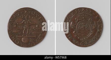 Allegorical representation, counting medal of the States of Zeeland, Copper medal. Obverse: man with cord dancer's stick in hand, balancing on a board lying on a ball, in background city on water within an inscription. Reverse: crowned coat of arms in a cartouche inside an inscription, Zeeland, Staten van Zeeland, anonymous, Middelburg, 1593, copper (metal), striking (metalworking), d 3 cm × w 5.88 Stock Photo