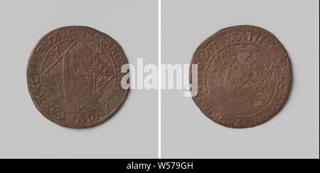 Margaret of Austria, governor of Charles V in the Netherlands, Copper Medal. Obverse: diamond-shaped coat of arms under crown inside circumference. Reverse: hand from clouds protects daisies against thunderstorms within a circle, governor of the Netherlands Margaret of Austria, anonymous, 1520, copper (metal), striking (metalworking), d 2.7 cm × w 3.23 Stock Photo