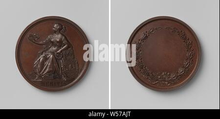 Society 'Felix Meritis', Bronze Medal. Obverse: a woman sitting on a throne against which a coat of arms stands holding a wreath of roses in her left hand and a laurel wreath in her outstretched right hand, cut off: inscription. Reverse: blank field within wreath of olive branches, Amsterdam, Felix Meritis, Laurent Joseph Hart, 1839, bronze (metal), striking (metalworking), d 5 cm × w 60.20 Stock Photo