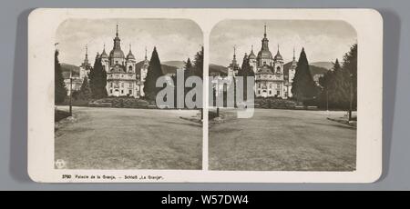 View of the Royal Palace of La Granja de San Ildefonso, Palacio de la Granja. (title on object), façade (or house or building), palace, Royal Palace of La Granja de San Ildefonso, anonymous, San Ildefonso o La Granja, c. 1900 - c. 1940, cardboard, photographic paper, gelatin silver print, h 85 mm × w 170 mm Stock Photo