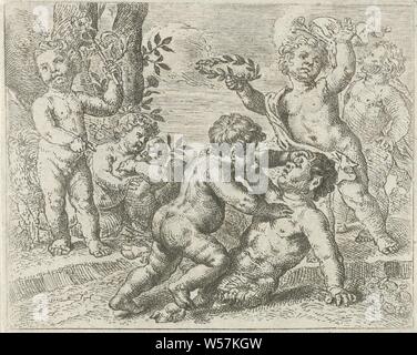 Fighting putti Fight between virtue and vice, Two fighting putti in the foreground symbolize the struggle between virtue and vice. To the right is a putto with laurel wreath ready for the victor, to the left is a putto with a caduceus. In the background, a putto blows the trumpet, another putto holds a bird in his arms, figure representing a Virtue. a Vice, cupids: 'amores', 'amoretti', 'putti', Peter van Lint, 1619 - 1690, paper, etching, h 156 mm × w 126 mm Stock Photo
