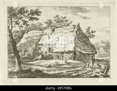 Woman with child at a farm Landscapes (1-6) (series title), farm or solitary house in landscape (townscape with figures, staffage), dog, Eext, Carel Lodewijk Hansen, Netherlands, c. 1780 - 1840, paper, etching, h 140 mm × w 191 mm Stock Photo