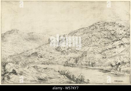 Mountainous landscape with painter, Mountainous landscape, separated by river in two parts. On the river is a man who sketches., Dale, valley, painter making preliminary designs, sketching, anonymous, 1579 - 1699, paper, etching, h 212 mm × w 325 mm Stock Photo