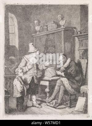 At the lawyer, In a room a richly dressed lawyer is sitting in front of the fireplace at a lectern, with a gesturing man in a hat. There is a boy standing next to the man looking in the direction of the spectator and carrying a ham and sausage. The man may ask the lawyer for advice, who makes it clear to the man with a hand gesture that advice costs money. In the background is a bookcase with two busts and behind a fence is the silhouette of a figure at a desk. The curtains of the bookcase are decorated with vertical lines that are not present in the previous state, lawyer, attorney at law Stock Photo