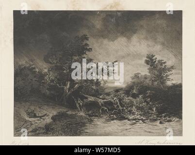 Storm, A storm drives through a piece of forest with a pool. A tree is blown down in the middle and on the right the waves of the lake hit the land. To the left, two figures walk along a forest path, their clothing waving in the wind, storm on land, trees, pounds, Martinus Antonius Kuytenbrouwer jr. (mentioned on object), 1831 - 1897, paper, drypoint, h 224 mm × w 297 mm Stock Photo