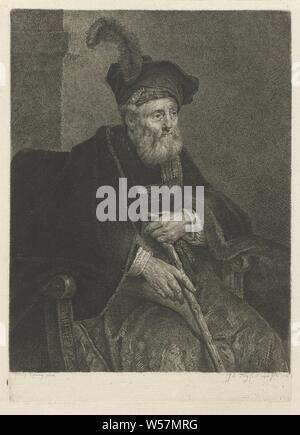 Portrait of an unknown old man in a chair, Portrait of an unknown old man in a chair. Knee, turned to the right while sitting. His hands clasp a walking stick. The man is dressed in a fur-lined cloak, his head is adorned with a feathered hat, old man, sitting figure, head-gear (feathers used for clothes), Johannes Pieter de Frey (mentioned on object), 1797, paper, etching, h 209 mm × w 150 mm Stock Photo