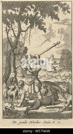 Christ as the Good Shepherd The Good Harder Twenty four scenes from the New Testament (series title), the good shepherd (Christ) defending his sheep against wolves, 'I am the good shepherd' (John 10: 1-16), anonymous, 1720, paper, etching, h 125 mm × w 71 mm Stock Photo