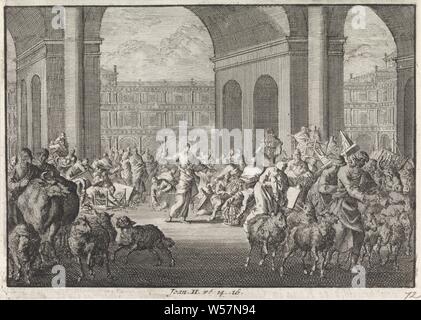 Expulsion of money changers from the temple, Jan Luyken, Amsterdam, 1703 - 1762, paper, letterpress printing, h 110 mm × w 155 mm Stock Photo