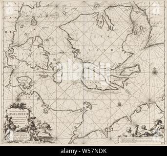 Passport card from the Danish Isles, with part of the coast of Sweden and Germany (title on object), Passport card of the Danish Islands, with part of the coast of Sweden and Germany, with two compass roses, the North is above. Bottom left a cartouche with the title and address of the publisher, with two hunters. One of the hunters watches his comrade, together with some dogs, hunt a wild boar. Below right is a fourth hunter with his three dogs on the scale, shown in German, Spanish and English or French miles, boar-hunting, hunter, hunting dogs, sailing-ship, sailing-boat, Faroe Islands Stock Photo