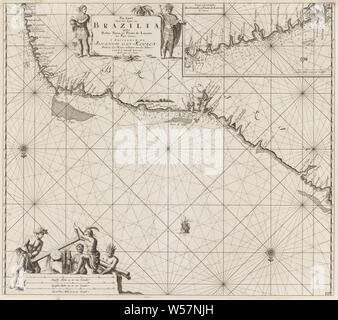 Passport card of a portion of the northeast coast of Brazil Passport card of the sea coasts of Brazil, between Bahia Baxa, and Ponto de Lucena (title on object), Passport card of a portion of the northeast coast of Brazil and a deployment map of the surroundings of the city of Natal, with three compass roses. In the upper center, the title and address of the publisher, flanked by a man with a feather headdress and a staff and a woman. At the bottom left, four men are cutting wood. Among the men is the scale, which is shown in German, Spanish and English or French miles (scale: c. 1: 1 100 000 Stock Photo