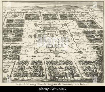 Tabernacle surrounded by tent camps of the twelve tribes of Israel Army Ordering Israel according to the opinion of the Jews (title on object), the twelve tribes of Israel tabernacle, 'mishkan', Jewish religion, Jan Luyken, Amsterdam, 1683, paper, etching, h 142 mm × w 173 mm Stock Photo