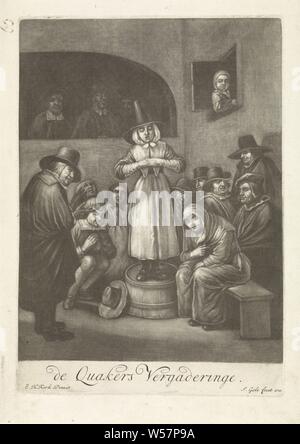 Quaakers' meeting, ca. 1656, A group of quakers in an interior. Some sit on couches and chairs others stand. In the middle of a barrel stands a woman with her hands clasped together, preaching Churches and denominations (with NAME), meeting, England, Jacob Gole (mentioned on object), Amsterdam, 1670 - 1724, paper, engraving, h 253 mm × w 178 mm Stock Photo