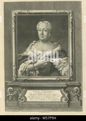 Portrait of Maria Theresia, Roman-German Empress, Portrait bust of the Roman-German Empress Maria Theresia in coronation cloak, a jewel in her hair. The portrait is framed with an elegant frame and stands on a pedestal with her name, title and a six-line text in Dutch., Maria Theresia (Roman-German Empress), Christian Friedrich Fritzsch (mentioned on object), Amsterdam, 1755 - 1788, paper, engraving, h 362 mm × w 256 mm Stock Photo