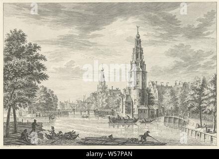 View of the Montelbaanstoren in Amsterdam, View of the Montelbaanstoren on the Oudeschans in Amsterdam, looking towards the southwest. In the background the tower of the Zuiderkerk. Various figures on the street and in the boats. Tower, clock tower, monument adornment, towers, fortified city, parts of church exterior and annexes: tower, street (cityscape with figures, staffage), canals, waters (in city) (cityscape with figures, bridge in city across river, canal, etc. (cityscape with figures, Montelbaanstoren, Oudeschans (Amsterdam), Zuiderkerk (Amsterdam), Simon Fokke (mentioned on object Stock Photo