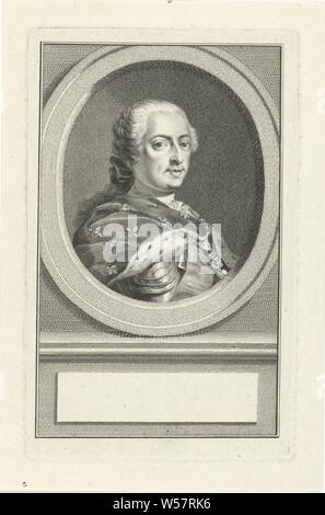 Portrait of Louis XV, King of France, Bust to the right of Louis XV, King of France in an oval. The portrait rests on a plinth on which an empty field for his name, Louis XV (king of France), Jacob Houbraken, Amsterdam, 1727 - 1766, paper, etching, h 184 mm × w 116 mm Stock Photo