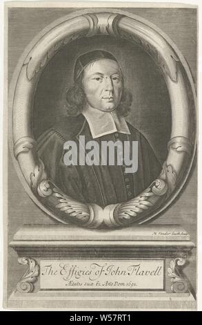 Portrait of John Flavel, Bust Portrait of John Flavel in a Gown, with a Cap. The portrait is set in an oval frame. In a box on the pedestal the name and dates of birth and death of the subject, John Flavel, Michiel van der Gucht (mentioned on object), Antwerp, 1670 - 1725, paper, engraving, h 279 mm × w 180 mm Stock Photo