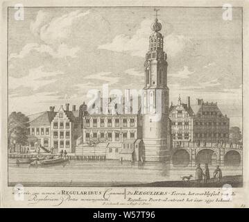 View of the Munttoren and the Muntsluis in Amsterdam The Reguliers-Tooren, the overblyfsel of the Reguliers Poort, already known about the year 1490 / Turris, cú nomen à Regularibus Canonicis Regularium Portae monumentum (title on object) 100 Image of the most important buildings of Amsterdam (series title), View of the Munttoren, only known as the Regulierstoren and the Muntsluis in Amsterdam. Right behind the Munt lock the English Houses on the Schapenplein. Below the show the title in Latin and Dutch. Numbered lower right: 83., tower, clock tower, monument adornment, bridge in city across Stock Photo