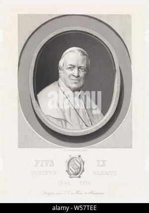 Portrait of Pope Pius IX Pius IX Pontifex Maximus (title on object), Portrait bust of Pope Pius IX, dressed in papal clothing, on the occasion of his 30th anniversary as pope, Pius IX, Christiaan Lodewijk van Kesteren (mentioned on object), 1876 - 1881, paper, steel engraving, h 329 mm × w 250 mm Stock Photo