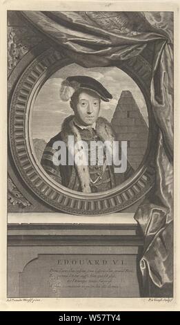 Portrait of King Edward VI of England, Edward VI, King of England. In the background a pyramid. The print has as a caption a French poem about his life, Edward VI (King of England), Pieter van Gunst (mentioned on object), Amsterdam, c. 1669 - 1731, paper, etching, h 318 mm × w 182 mm Stock Photo