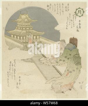 Moon Tsuki (title on object) Flowers, birds, wind and moon (series title) Kachôfûgetsu (series title on object), An old man with a fan in his right hand, stands at the bottom of a long stairs. At the top of the stairs is a lady in front of a pavilion. The man is the Chinese emperor Gensô (Hsüang Tsung, 685-762) and the woman his favorite concubine Yôkihi (Yang Kuei-fei, 719-56). Here their encounter in the hereafter is depicted, Yôkihi was executed after she and her family gained too much power. Measure three poems., Totoya Hokkei (mentioned on object), Japan, 1822, paper, colour woodcut Stock Photo