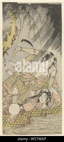 Actors Matsumoto Koshiro IV and Iwai Hanshiro IV as Yoemon and Kasane, Yoemon with sickle in right hand, pushing his wife Kasane to the ground to kill her, Matsumoto Koshiro IV, Iwai Hanshiro IV, Katsukawa Shunko (mentioned on object), Japan, 1775 - 1780, paper, colour woodcut, h 307 mm × w 139 mm Stock Photo