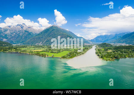 Aerial view of River Adda flowing into Lake Como, Trivio di Fuentes, Valtellina, Lombardy, Italy Stock Photo