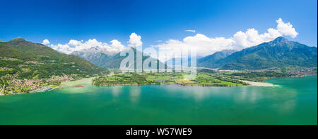 Aerial panoramic of River Adda flowing into Lake Como, Trivio di Fuentes, Lower Valtellina, Lombardy, Italy Stock Photo