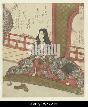 The lady Ginjô Ginjô (title on object), A woman with very long hair is sitting on a balcony, behind her koto (Japanese string instrument). She puts her long sleeves aside before she starts playing the instrument. Ginjô, or Gijô, is the younger sister of Giô, both figures appear in the Stories of Heike (Heike monogatari). Ginjô was the mistress of Taira no Kiyomori. This sheet is the right sheet of a triptych. With two poems, dignitary at court - BB - female dignitary: lady-in-waiting, Yashima Gakutei (mentioned on object), Japan, 1823 - 1825, paper, colour woodcut, h 212 mm × w 184 mm Stock Photo