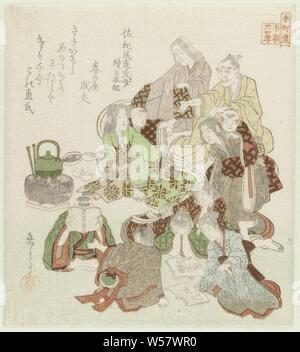 Twenty-four Japanese examples of branch piety for the Honors (series title), A woman makes tea for a large family. An older couple in the background. The wife is the daughter of Tami no Atai, in addition to her own children, she also took care of the parents of her deceased husband and the children of her sister-in-law. With one poem, family, relationship, descent, Yashima Gakutei (mentioned on object), Japan, c. 1821, paper, colour woodcut, h 202 mm × w 182 mm Stock Photo