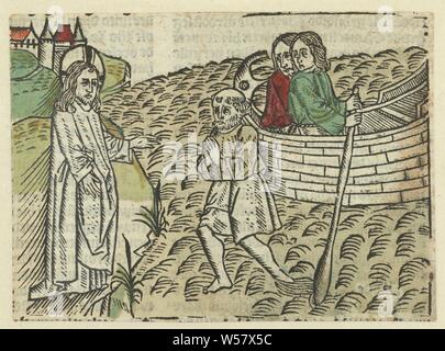 Peter walks on the water to Christ, Two men in rowing boat. Peter walks over sea water to Christ on shore, Peter walks on the water towards Christ on the shore, Meester van Antwerpen (I) (attributed to), Nederlanden, 1485 - 1491, paper, h 94 mm × w 129 mm Stock Photo