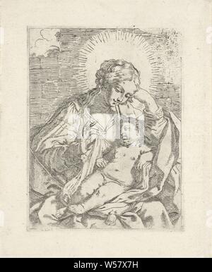 Mary with Child, Mary sitting with the sleeping Christ child on his lap in front of a wall, Madonna: i.e. Mary with the Christ-child, Lorenzo Loli (mentioned on object), Italy, 1622 - 1691, paper, etching, h 180 mm × w 137 mm Stock Photo