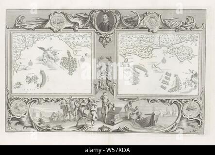 Maps of the Spanish Armada (July 22 and 24, 1588), Two cards (V-VI) with the Spanish and English fleet in The Channel near the Isle of Portland and Weymouth, within an ornamental frame. At the top in the frame is a cartouche with the portrait of Francis Drake. Between the anchors, spears and banners a commemorative coin with three ships on one side and the Zeeland weapon on the other. Bottom left a coin depicting Queen Elizabeth I in a triumphal cart, with palm branch and a book with the first words of the Lord's Prayer in Dutch. On the reverse of the coin, shown on the right, is a tree Stock Photo