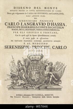 Title print with the coat of arms of Karel van Hessen-Kassel flanked by Minerva and Hercules Disegno del monte situato presso citta metropolitana di Cassel (...) (series title on object), Print makes part of an album, (story of) Minerva (Pallas, Athena), (story of) Hercules (Heracles), coat of arms (symbol of sovereignty), anonymous, 1706, paper, letterpress printing, h 440 mm × w 305 mm h 163 mm × w 270 mm Stock Photo