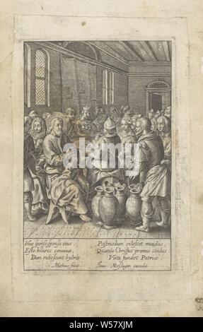 Wedding in Kana Vita Deiparae Virginis Mariae (series title) Life of the Virgin Mary (series title), The bride and groom and the guests sit around a table. Christ blesses the wine barrels after Mary has pointed out to him that there is no wine. The water in the barrels becomes wine. In the margin a six-line caption, in two columns, in Latin. The print is part of an album, Christ orders (six) jars to be filled with water, marriage-feast at Cana, Jean Matheus (mentioned on object), Paris, 1590 - 1649, paper, engraving, h 102 mm × w 67 mm Stock Photo