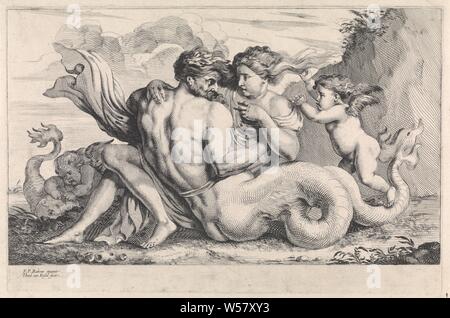 Siren and triton Mythological figures (series title), On the waterfront there is a siren and a triton in an intimate embrace, while the wind blows their hair. A putto to the right and left of the pair. This print is part of a four-part series about mythological figures, triton (s) (love affairs), cupids: 'amores', 'amoretti', 'putti', Sirens (classical mythology), Theodorus van Kessel (mentioned on object), 1630 - 1660, paper, etching, h 205 mm × w 314 mm Stock Photo