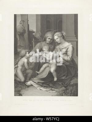 Holy Family with the young John the Baptist and Elisabet Nunc ego mitto te aperire oculos eorum (title on object), Mary is sitting with the Christ child on his lap. Next to her are Elisabet and the young John the Baptist. Joseph, Holy Family with John the Baptist, Elisabeth is present in the background between the arches of a building, Giuseppe Longhi (mentioned on object), Italy, 1827, paper, engraving, h 467 mm × w 355 mm Stock Photo