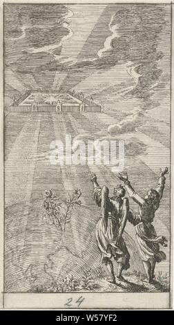 Angel shows John the New Jerusalem Twenty-four scenes from the New Testament (series title), an angel shows John the New (Heavenly) Jerusalem coming down from heaven, sometimes Christ is shown leading his lambs to the city, anonymous, 1681 - 1762, paper, etching, h 121 mm × w 68 mm Stock Photo