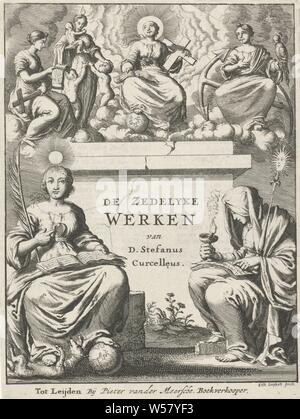 Godliness surrounded by the three divine virtues Title page for: S. Curcellaeus, The Zedelyke Works, ca. 1674, Above a pedestal stands the personified Godliness, surrounded by the personifications of hope, love and faith ( the three divine virtues). In the foreground is on the right the Intellect and on the left the Truth, the Three Theological Virtues, Intellect, Intelligence, 'Intelletto', 'Intelligenza' (Ripa), Truth, 'Verità' (Ripa), Jan Luyken (mentioned on object), 1674, paper, letterpress printing, h 188 mm × w 141 mm Stock Photo