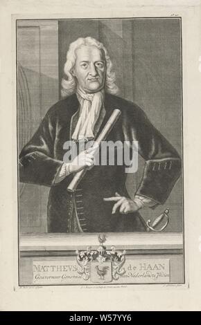 Portrait of Mattheus de Haan, Portrait in half from the front of Mattheus de Haan, governor-general of the Dutch East Indies, bareheaded and with command staff in hand. Below the portrait are the name, title and the coat of arms of the person portrayed. Print on the upper right marked: 20., Mattheus de Haan, Isaac Ledeboer (mentioned on object), 1702 - 1749, paper, engraving, h 298 mm × w 189 mm Stock Photo