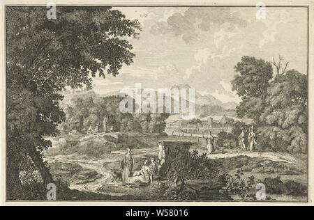 Arcadian landscape with six women near a tomb Italian and German landscapes (series title), Arcadian landscape with six women and a dog near a tomb. In the background two figures are kneeling in front of a statue. The print is part of a 40-part series of prints with representations of Italian and German landscapes, dog, landscapes with waters, waterscapes, seascapes (in the temperate zone), grave, tomb, statues, paintings, etc., objects of worship in Roman religion, Adolf van der Laan, Amsterdam, 1721 and/or 1710 - 1747, paper, etching, h 240 mm × w 367 mm Stock Photo
