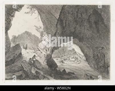 Exit of the caves of Han, Exit of the caves of Han and the river Lesse. In the foreground two travelers and in the background some figures., Cave, grotto, 'en route', traveler under way, Han-sur-Lesse, Martinus Antonius Kuytenbrouwer jr., Brussels, 1853, paper, drypoint, h 234 mm × w 323 mm Stock Photo